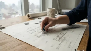 Using a plastic eraser for graphite sketching to clean up precise architectural line art on a drawing board