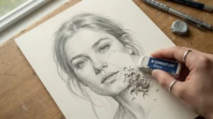A plastic eraser for graphite sketching rolling up clean debris while correcting a portrait drawing