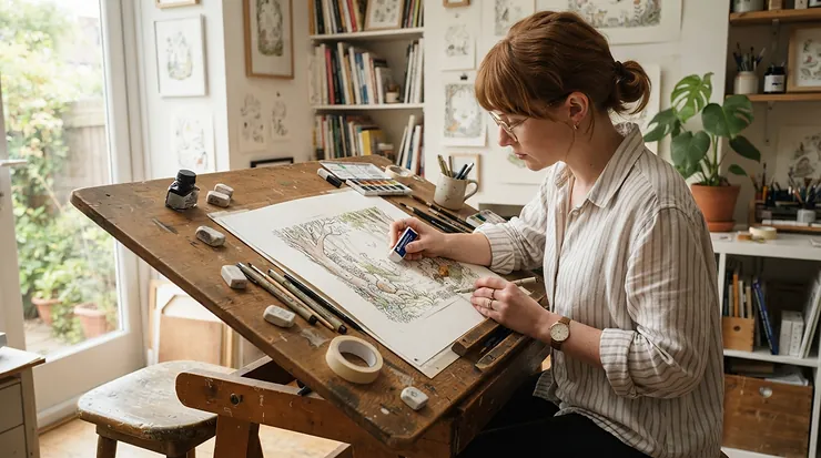 A professional illustrator fine-tuning ink and pencil layouts with a plastic eraser for graphite sketching