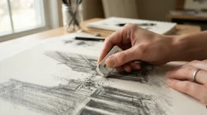 Preventing accidental smears by using a plastic eraser for graphite sketching on complex tonal work