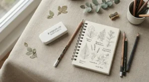 A plastic eraser for graphite sketching resting beside an HB pencil and a shaded botanical drawing