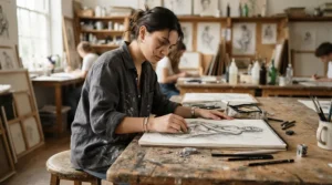 An art student using a plastic eraser for graphite sketching during a life-drawing class in a London college