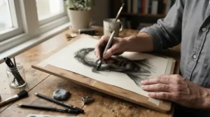 A tortillon set for beginners being used to smooth charcoal shading on a sketchbook page in a bright studio