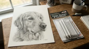 A neatly packaged tortillon set for beginners displayed next to a completed pencil drawing