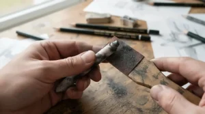Cleaning the tip of a tool from a tortillon set for beginners on a fine sandpaper sharpening block