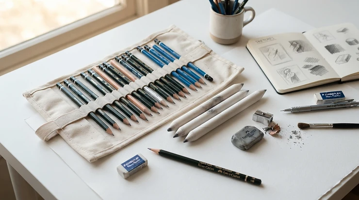 A complete tortillon set for beginners arranged neatly alongside graphite pencils and a kneaded eraser