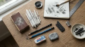 Unboxing a tortillon set for beginners showing various paper stumps and a sandpaper sharpener pad