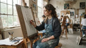 An art student practicing drawing techniques using a tortillon set for beginners in a workshop