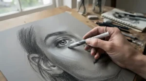 Using a tortillon set for beginners to create smooth highlights and shadows on grey toned art paper